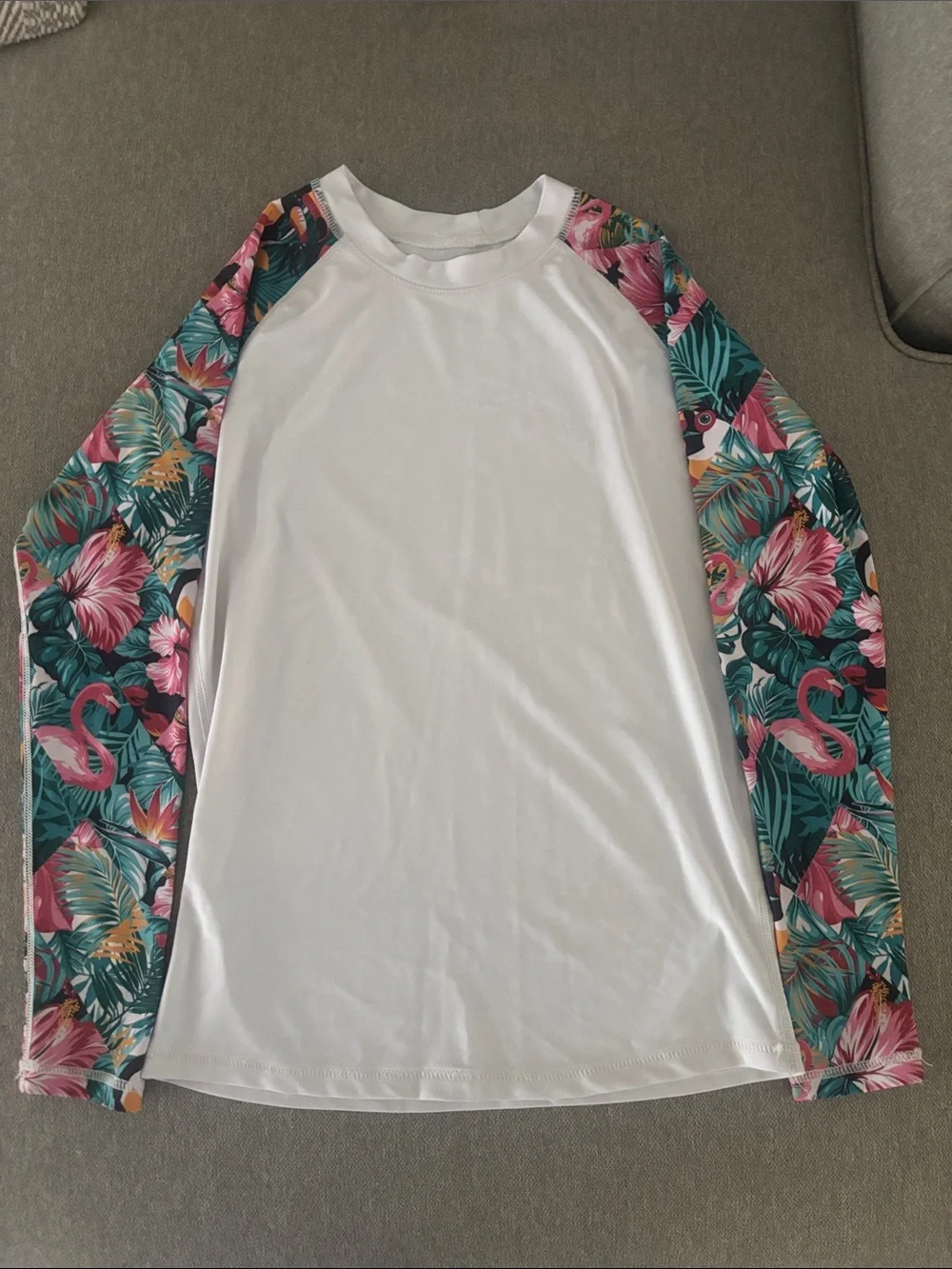 Womens White Rash Guard Swim Shirt with Tropical Pink Sleeve Accents